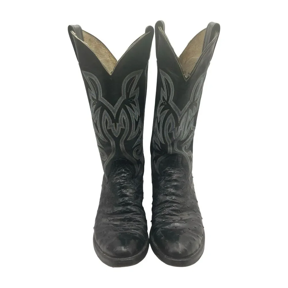 Tony Lama Boots Men's Size 7 D Black Ostrich Leather Cowboy Western USA *Worn